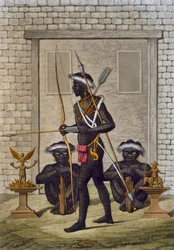 Congo-stamleden en fetisjfiguren bewaken het paleis van de Saba of soeverein, ca. 1820s-30s