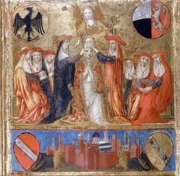 Kroning van Pius II (Enea Silvio Piccolomini) (1405 tot 1464). Italiaanse Paus (1458 - 1464). Beneden is de versterkte stad Siena. Bicherna (omslag van het boekhoudregister van de stad Siena) uit 1460. Nationaal Archief - Museo delle Tavolette de B