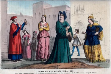 Kleding in Siena tussen de 13e en 14e eeuw - gravure uit 