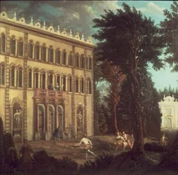 Landhuis met elegante figuren (een van een paar)