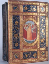 Omslag van een Italiaans manuscript met St. Laurentius (bladgoud & polychroom op hout)