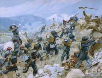 Krimoorlog en de slag bij Chernaya, 16 augustus 1855, illustratie uit een album over de geschiedenis van Risorgimento gemaakt voor de chocolade Talmone, eind 19e eeuw