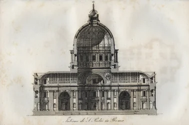 Dwarsdoorsnede van de Sint-Pietersbasiliek (basiliek van Sint-Pieter) in Rome - gravure uit ‘Usi e Costumi di Tutti i Popoli dell