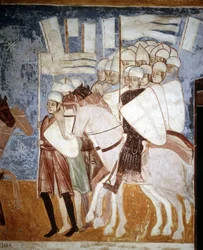 Kruisvaarders luisteren naar de toespraak van Ottone Visconti (1208 - 1295). Fresco door Rocca di Angera, begin 14e eeuw.