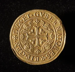 Munt van de Republiek Genua: 12,5 gouden doppie munt. Diam. 61 mm. 1656. Voorzijde. Genua Musei di Strada Nuova (inv. 6453)