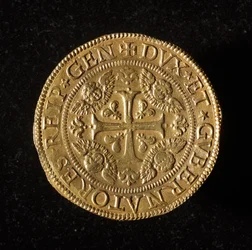Munt van de Republiek Genua: 12,5 gouden doppie munt. Diam. 61 mm. 1656. Voorzijde. Genua Musei di Strada Nuova (inv. 6456)
