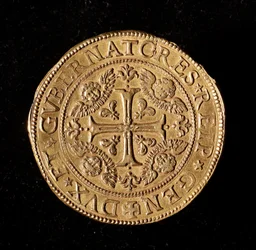 Munt van de Republiek Genua: 20 gouden doppie. Diameter 58 mm. 1645. Voorzijde. Genua Musei di Strada Nuova (inv. M7097)
