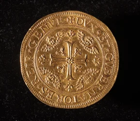 Munt van de Republiek Genua: 25 gouden doppie munt. Diam. 52,5 mm. 1694. Voorzijde. Genua Musei di Strada Nuova (inv. 6457)