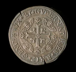 Munt van de Republiek Genua: ECU breed in zilver. Diam. 61 mm. 1693. voorzijde. Genua, Musei di Strada Nuova (inv, M7135)