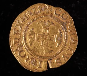 Munt van de Republiek Genua: een gouden quadrupla. Diameter 32 mm. 1616. Achterzijde. Genua, Musei di Strada Nuova (inv, M6459)