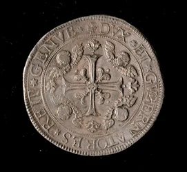 Munt van de Republiek Genua: vijf ecu zilveren munt. Diam. 61 mm. 1693. Voorzijde. Genua Musei di Strada Nuova