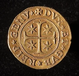 Munt van de Republiek Genua: vijf gouden doppie munt. Diam. 41 mm. 1642. voorkant. Genua Musei di Strada Nuova
