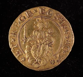 Munt van de Republiek Genua: vijf gouden doppie munt. Diam. 41 mm. 1642. achterkant. Genua Musei di Strada Nuova