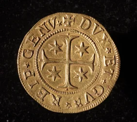 Munt van de Republiek Genua: vijf gouden doppie munt. Diam. 41 mm. 1652. voorkant. Genua Musei di Strada Nuova