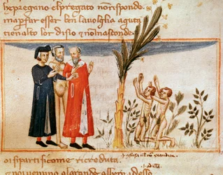 Dante en Vergilius ontmoeten Forese de Donati met de gulzigaards (lied 23 uit Purgatorio, in de Goddelijke Komedie) - Miniatuur
