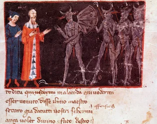 Dante en Vergilius spreken met Malacoda, leider van de Malebranche-eenheden (zang 21 van de Hel in de Goddelijke Komedie)
