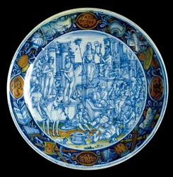 Gedecoreerde plaat die de allegorie van Selene, godin van de maan in de Griekse mythologie, vertegenwoordigt. Uit Faenza, rond 150