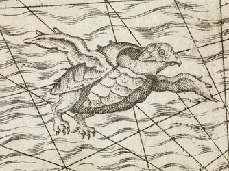 Detail van een vliegende schildpad op een kaart van Noord-Europa, uit 