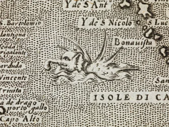 Detail van een zeeolifant met een indrukwekkende reeks stekels die uit zijn rug steken, uit 