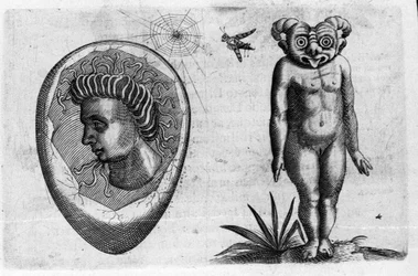 Verschillende soorten menselijke monsters: een fossiele mens en een monster. Gravure uit ’De monstrorum natura, causis et differentiis’ van Fortunio Liceti (1577-1656), Italiaans wetenschapper. 1646