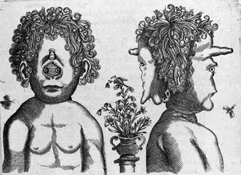Verschillende soorten menselijke monsters: gezicht en gezicht van een monsterkop. Gravure uit „De monstrorum natura, causis et differentiis” van Fortunio Liceti (1577-1656), Italiaans wetenschapper. 1646