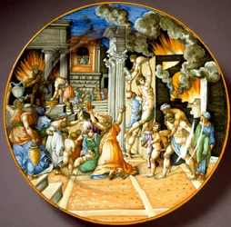 Aeneas en zijn vader Anchises tijdens de brand van Troje. Keramische schotel uit Urbino. Rond 1560. Museo Nazionale del Bargello, Florence