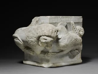 Versierde kapiteel met een leeuw en een basilisk, 1175-1200