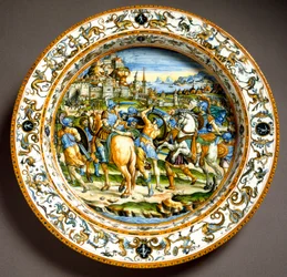 Episode uit het leven van Julius Caesar. Keramische schaal vervaardigd in Urbino in het atelier Fontana, Italië. Omstreeks 1550, Florence, Museo Nazionale del Bargello