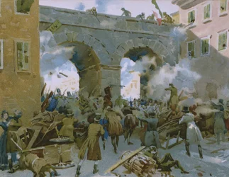 Gebeurtenissen van 18 tot 22 maart 1848, Milanezen verdrijven Oostenrijkers, illustratie uit een album over de geschiedenis van Risorgimento gemaakt voor de chocolade Talmone, eind 19e eeuw