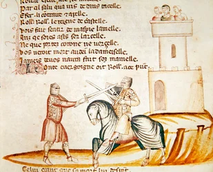 Gevecht tussen een bereden soldaat en een soldaat te voet, uit Codex Entree d