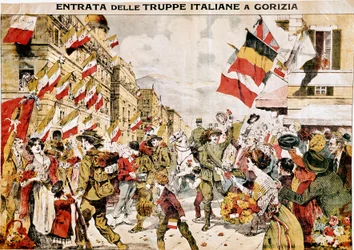 Eerste Wereldoorlog (1914-1918). de inname van Gorizia door Italiaanse troepen. 1918. (gravure)
