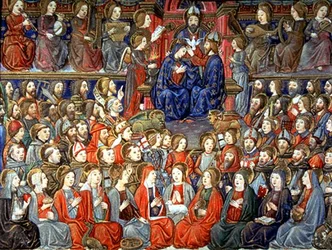 Fol.151v Het Laatste Oordeel: De rechtvaardigen worden geroepen naar het banket (perkament)