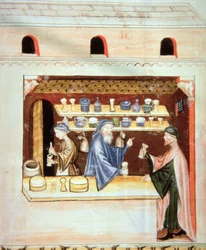 Voorbereiding en verkoop van tijm, illustratie uit Tacuinum Sanitatis Codex Vindobonensis