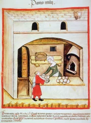 Voorbereiding van gierstbrood, illustratie uit Tacuinum Sanitatis Codex Vindobonensis