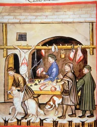 De slagers: Schapenvlees verkopen, illustratie uit Tacuinum Sanitatis