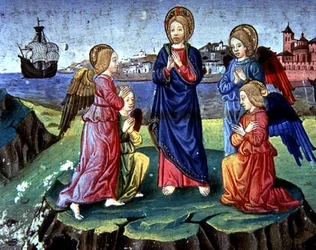 Christus wordt beschermd door een cirkel van engelen