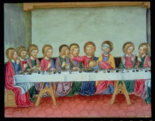 Fol.99v Tijdens het Laatste Avondmaal kondigt Christus aan dat een van de apostelen Hem zal verraden