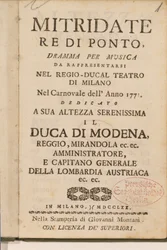 Frontispice van een vroege kopie van Mitridate, re di Ponte, een opera van Wolfgang Amadeus Mozart, 1770
