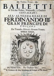 Frontispice van de partituur van Balletti a tre, opera III door Tomaso Albinoni (1671-1750).