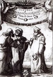 Frontispice van Dialogo sopra i due massimi sistemi del mondo door Galileo, gepubliceerd in 1632