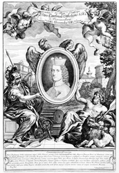 Frontispice van Veteres arcus Augustorum triumphis insignes met een portret van kardinaal Pietro Ottoboni, gegraveerd door Robert van Audenaerde, 1690
