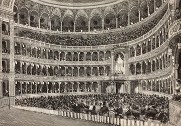Gala-avond in Costanzo theater ter ere van de kroonprins van Duitsland (toekomstige Frederik III), Rome, Italië, gravure naar tekening van Dante Paolocci, uit L