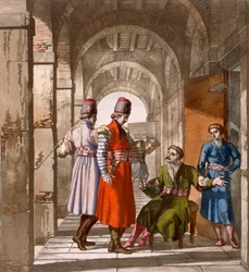 Georgische mannen die praten en roken in een arcade, ca. jaren 1820-30
