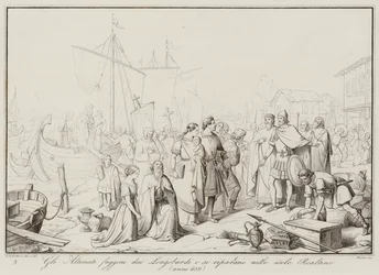 De Altinati vluchten voor de Longobarden en schuilen op de eilanden Realtine, 639 (gravure)