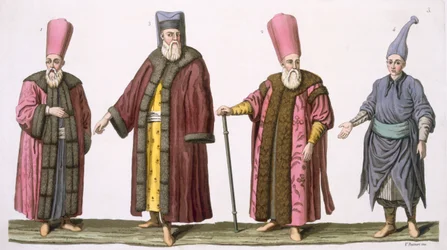 Opperdeurwachter van de harem, kapitein van de haremdeurwachters, haremdeurwachter en page, plaat 3 uit Deel III, Deel I van De geschiedenis van de naties, gegraveerd door V. Raineri