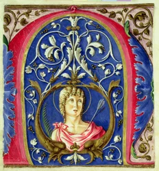 Geïllustreerde initiaal N met St. Sebastian