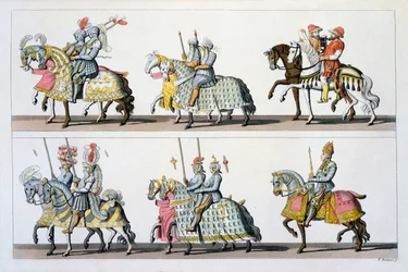 Heilige Roomse Rijk: Deelnemers aan een toernooi in het kasteel van Luxemburg in de tijd van Maximiliaan I, uit Costumi dei Romani, Svizzeri.. ca. 1800-18