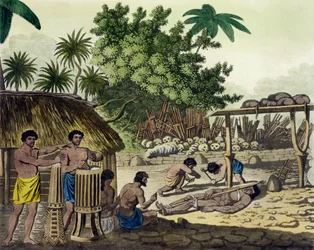 Menselijk offer op Otaheite, plaat 84 uit Le Costume Ancien et Moderne, door Jules Ferrario, gepubliceerd c.1820s-30s
