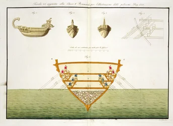 Afbeelding van een Romeinse polyreme, plaat 26, klasse 5 uit Deel I van De geschiedenis van de naties, gegraveerd door A. Nani