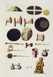 Inca gereedschappen en artefacten, Peru, uit Le Costume Ancien et Moderne, Volume II, plaat 22, door Jules Ferrario, gepubliceerd ca. 1820-30